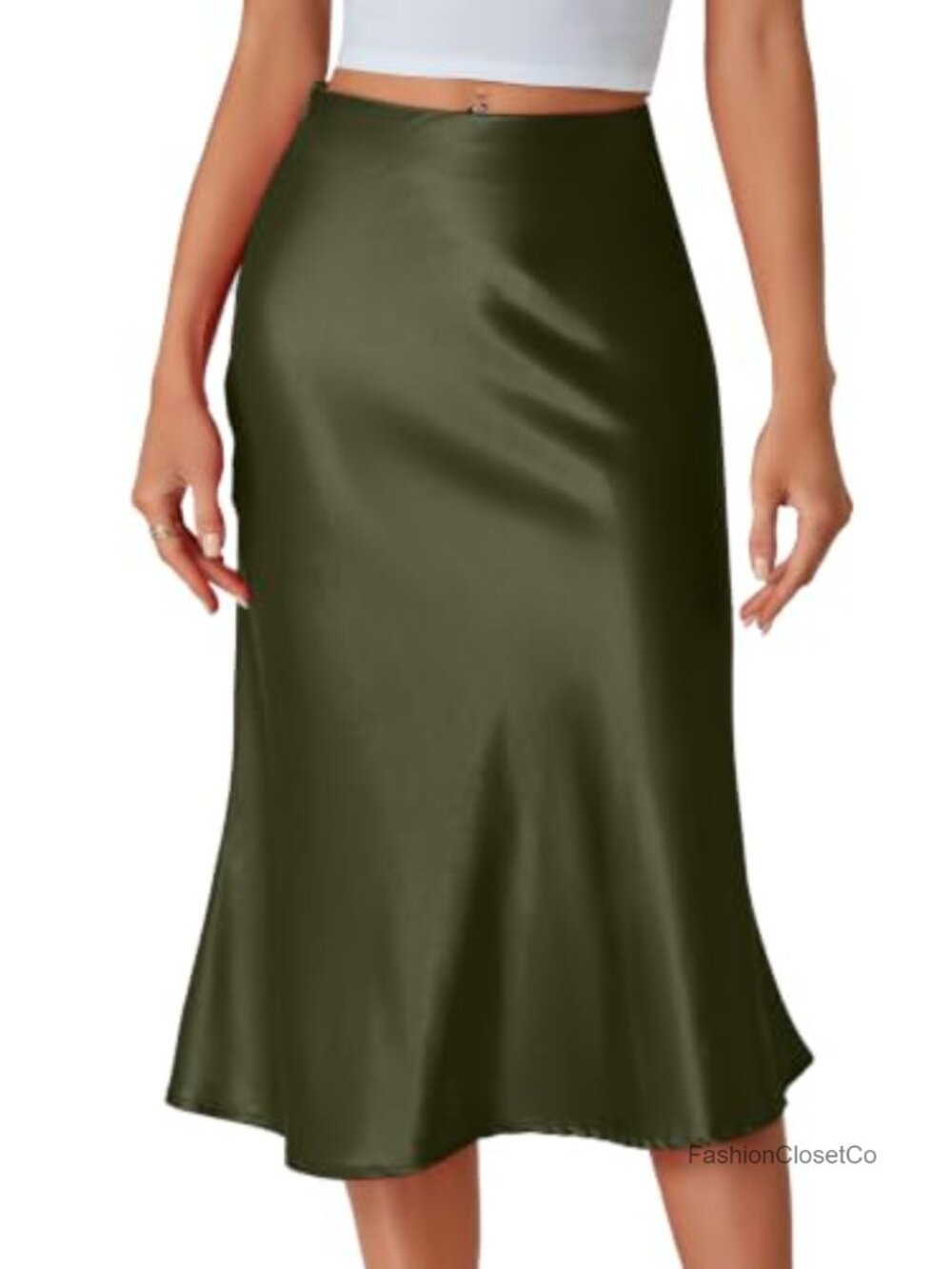 Satin Silky Flared Midi Skirt High Waist A-Line Office Elegant
